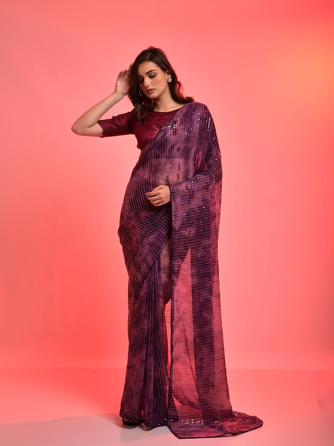 elora Purple Embellished Sequinned Pure Chiffon Saree