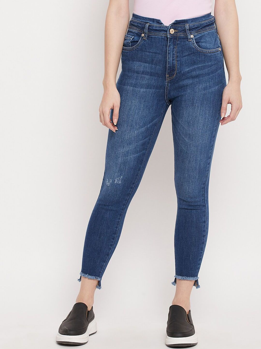 Madame Women Navy Blue Low Distress Light Fade Jeans Price in India