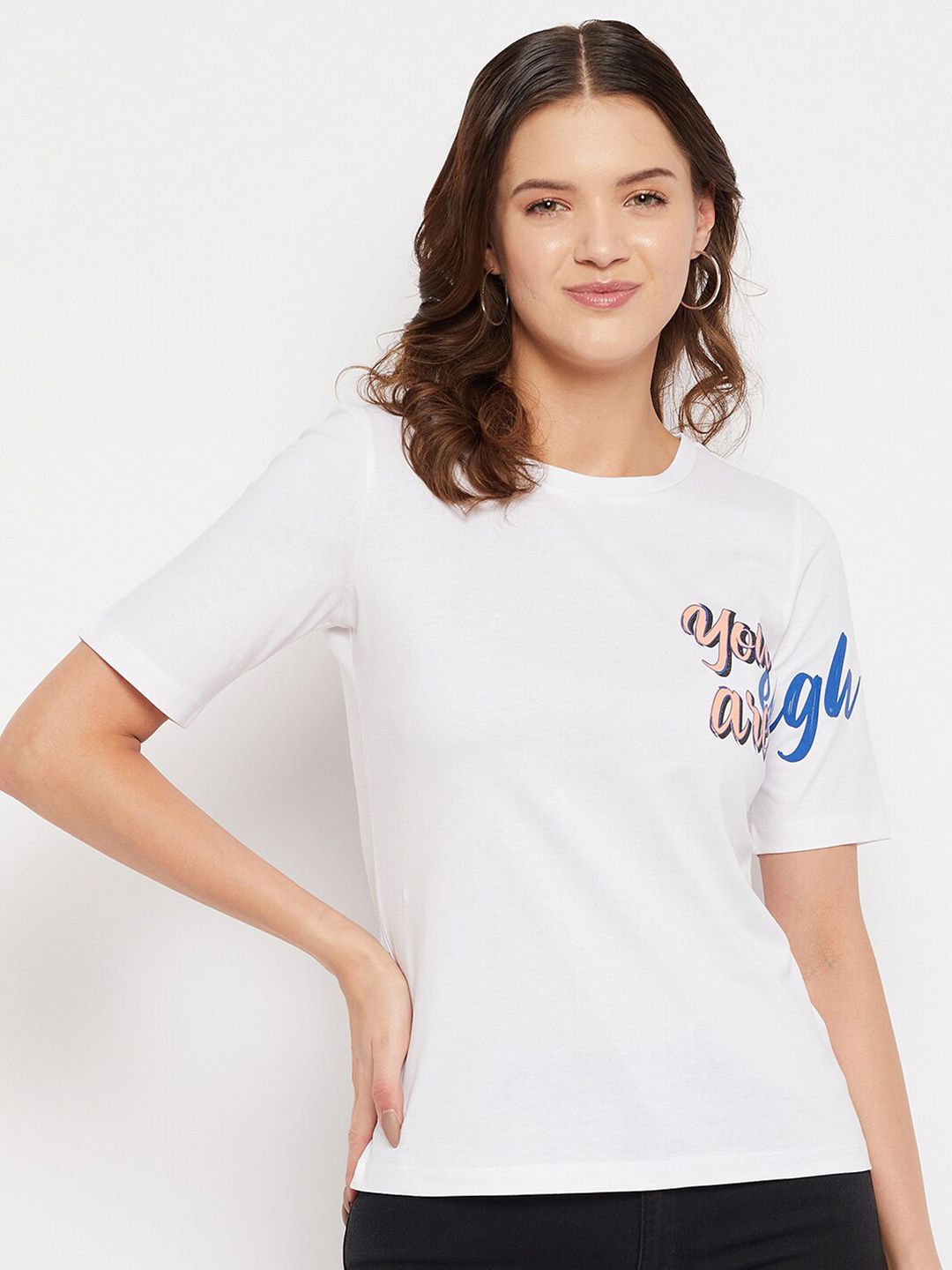 Madame Women White Typography Printed Applique T-shirt Price in India