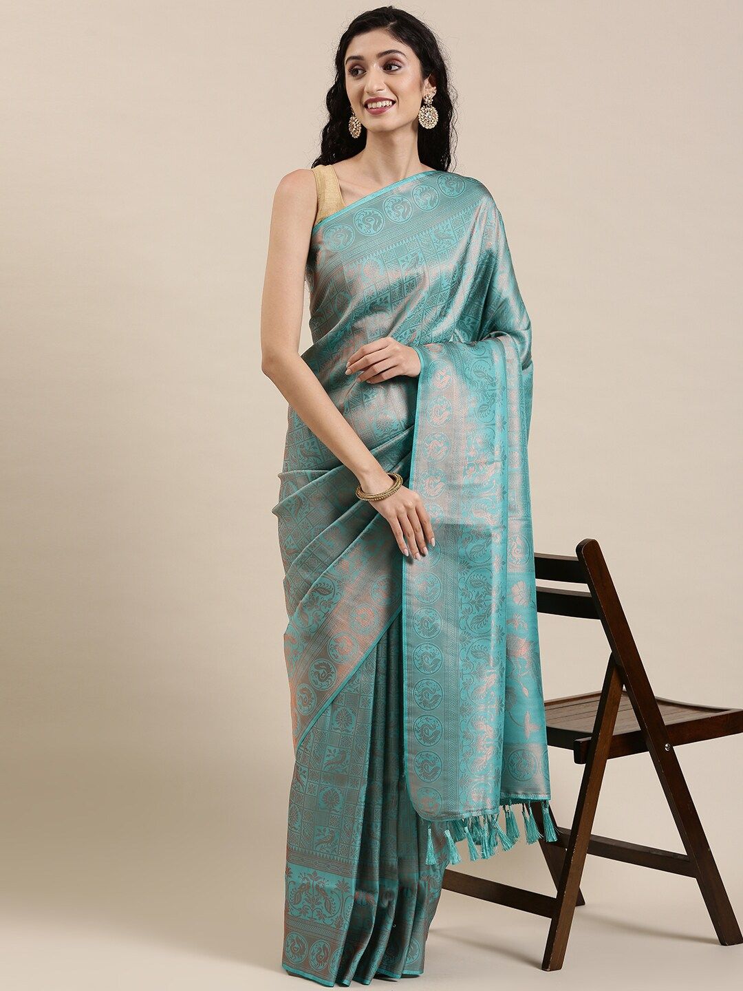The Chennai Silks Blue & Gold-Toned Ethnic Motifs Zari Art Silk Saree