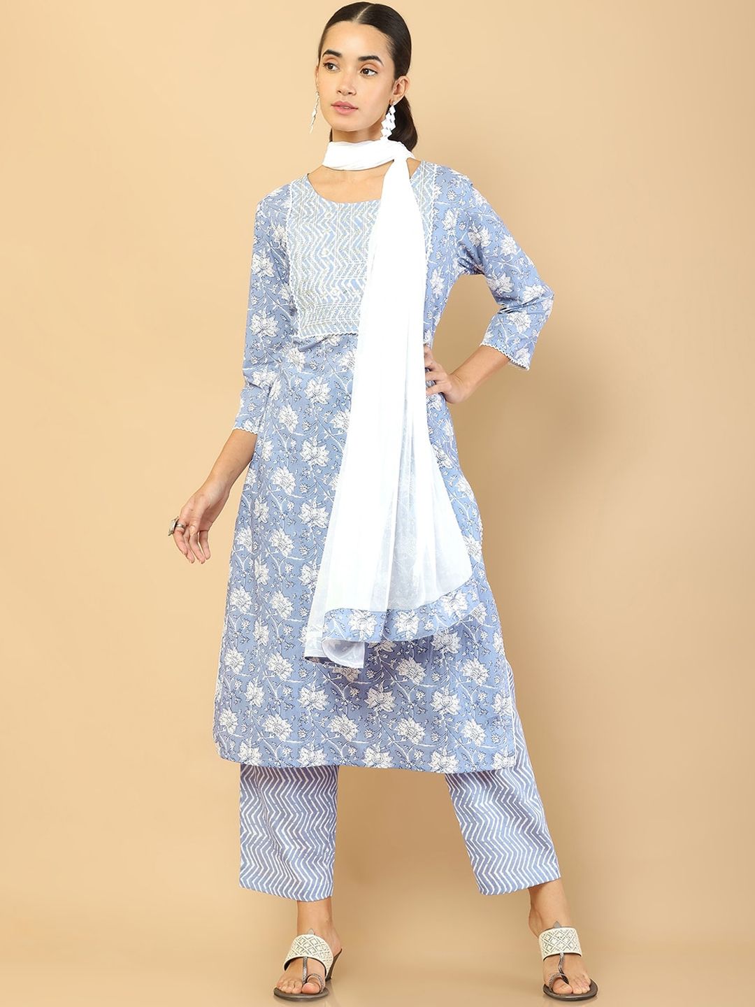 Soch Women Blue Ethnic Motifs Printed Pure Cotton Kurta with Trousers & With Dupatta Price in India