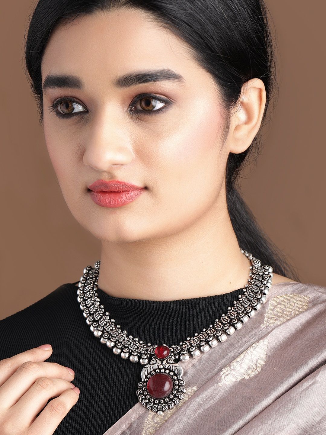 Rubans Silver-Toned Statement Necklace Price in India