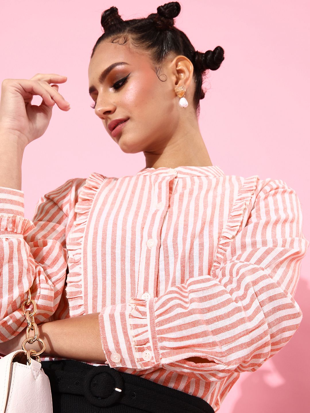 StyleCast   Pink Vertical Striped Feminine Frills Top Price in India