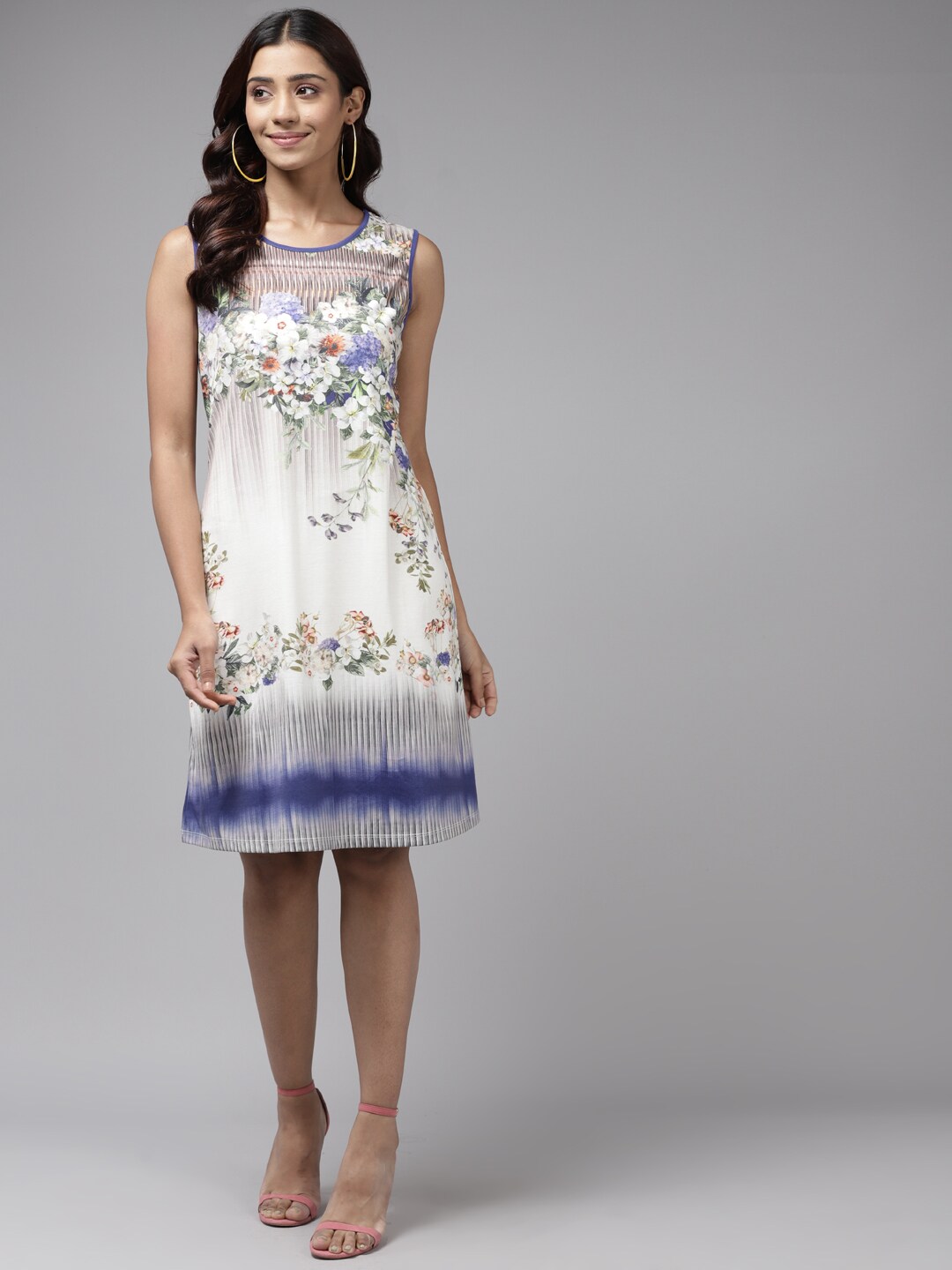 Aarika White & Blue Floral Printed A-Line Georgette Dress Price in India
