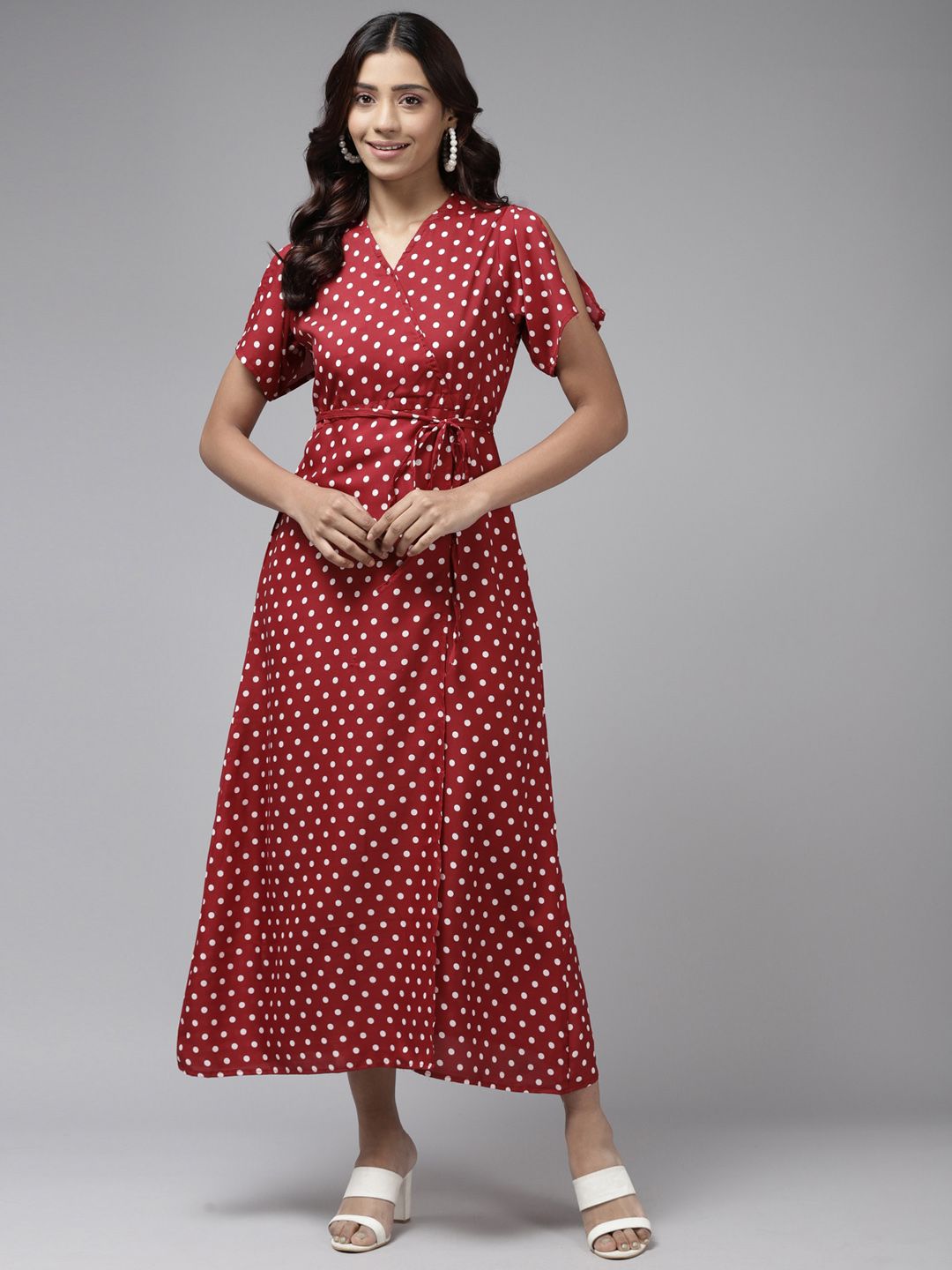 Aarika Maroon & White Polka Dots Wrap Maxi Georgette Dress Price in India