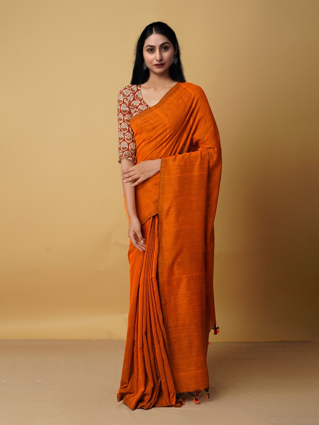 Unnati Silks Orange Woven Design Zari Pure Linen Jamdani Saree Price in India