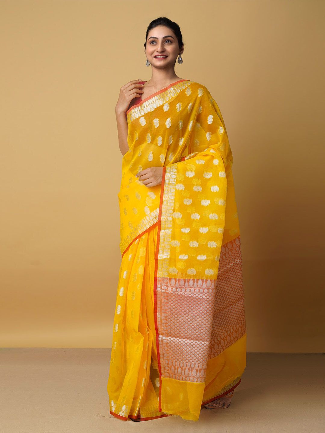 Unnati Silks Yellow & Silver-Toned Woven Design Zari Silk Cotton Banarasi Saree Price in India