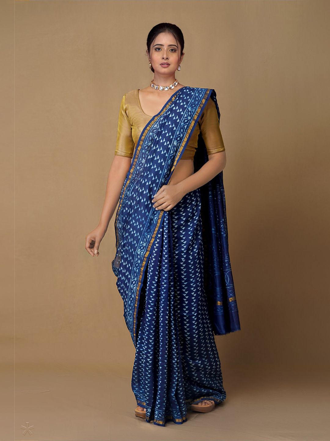 Unnati Silks Navy Blue Ethnic Motifs Pure Cotton Chanderi Saree Price in India
