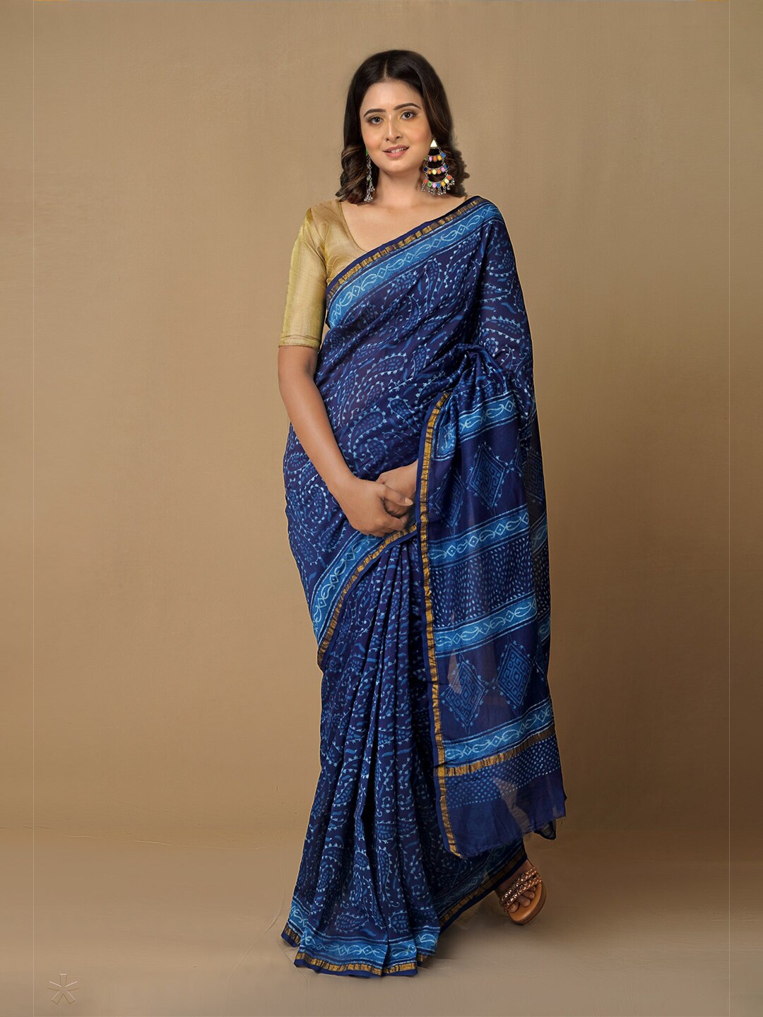 Unnati Silks Navy Blue Ethnic Motifs Zari Pure Cotton Chanderi Saree Price in India
