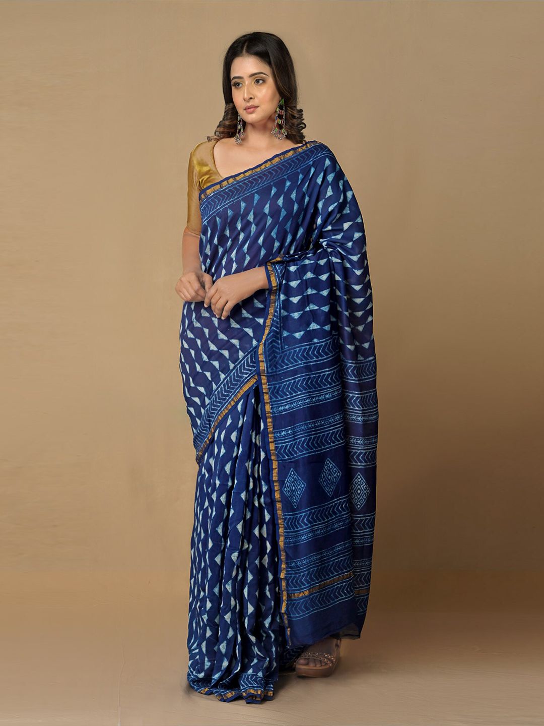 Unnati Silks Navy Blue & Gold-Toned Zari Pure Cotton Chanderi Saree Price in India