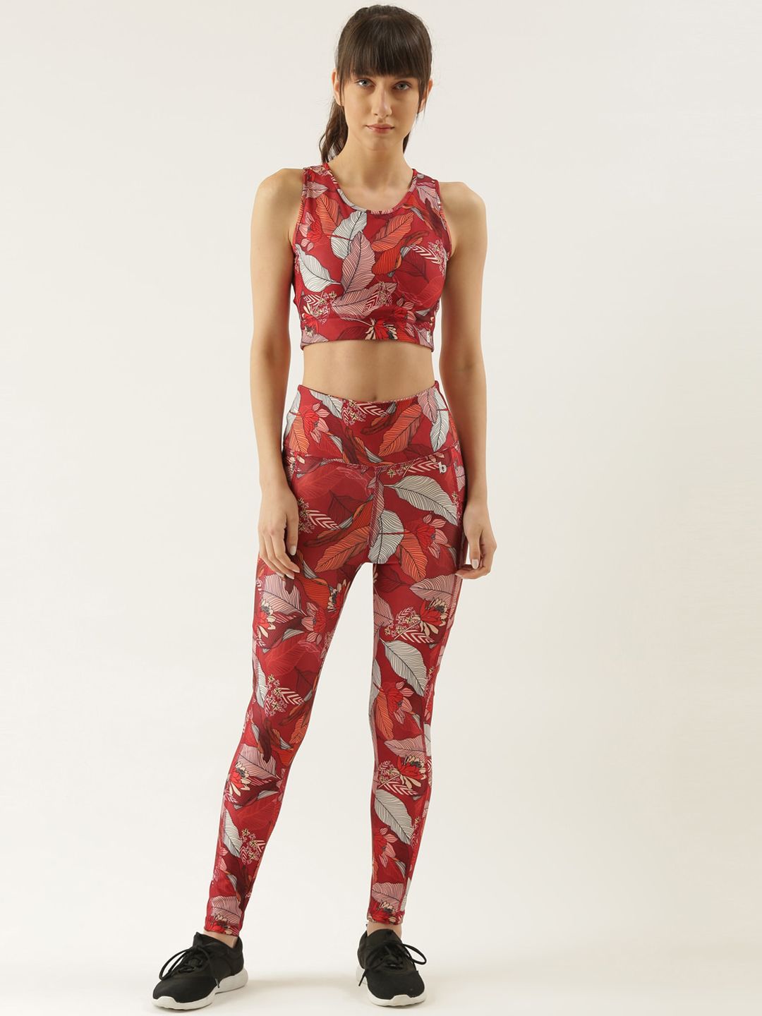 Bannos Swagger Women Red & White Tropical Printed Sport Bra & Tights Set Price in India