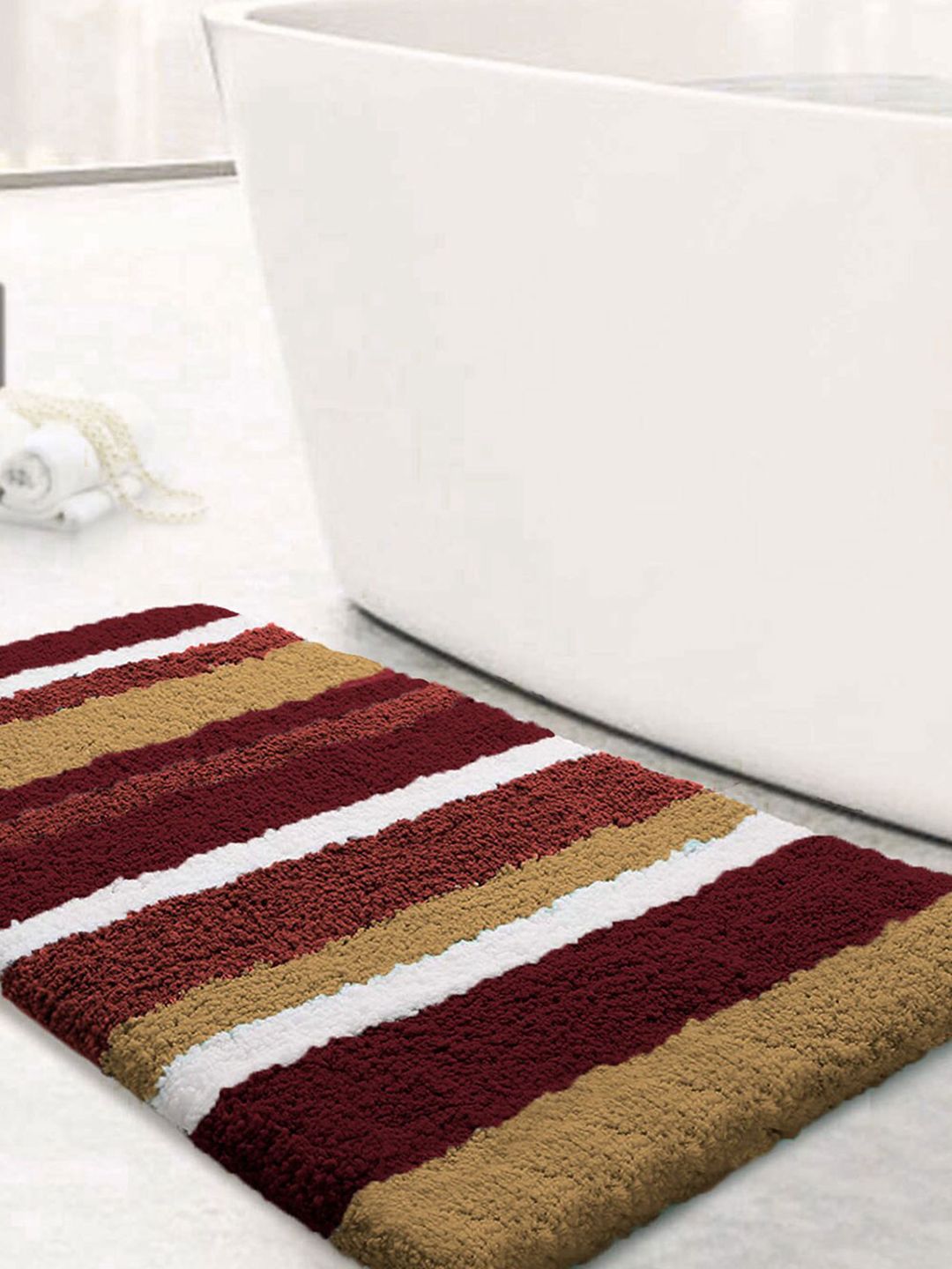 LUXEHOME INTERNATIONAL Red & Mustard Yellow Striped 2400 GSM Bath Rugs Price in India
