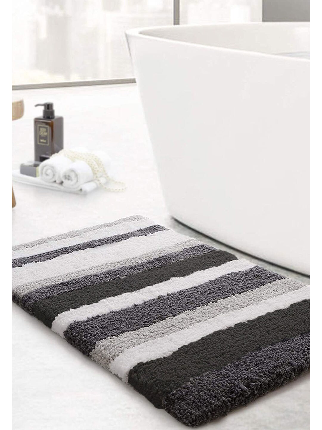 LUXEHOME INTERNATIONAL Grey Striped  2400 GSM Microfibre Bath Rug Price in India