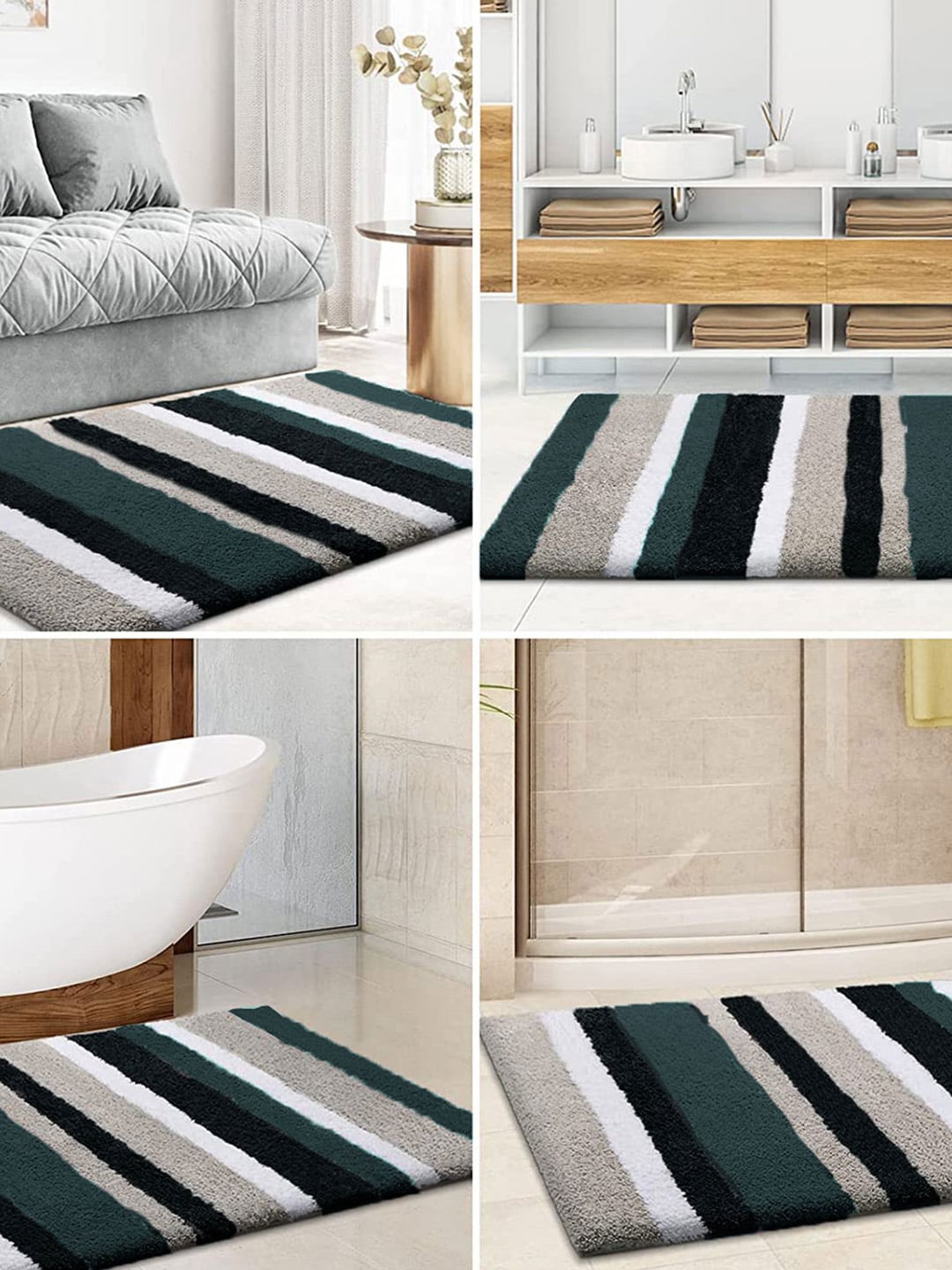 LUXEHOME INTERNATIONAL Green & Grey Striped 2400 GSM Microfibre Bath Rug Price in India