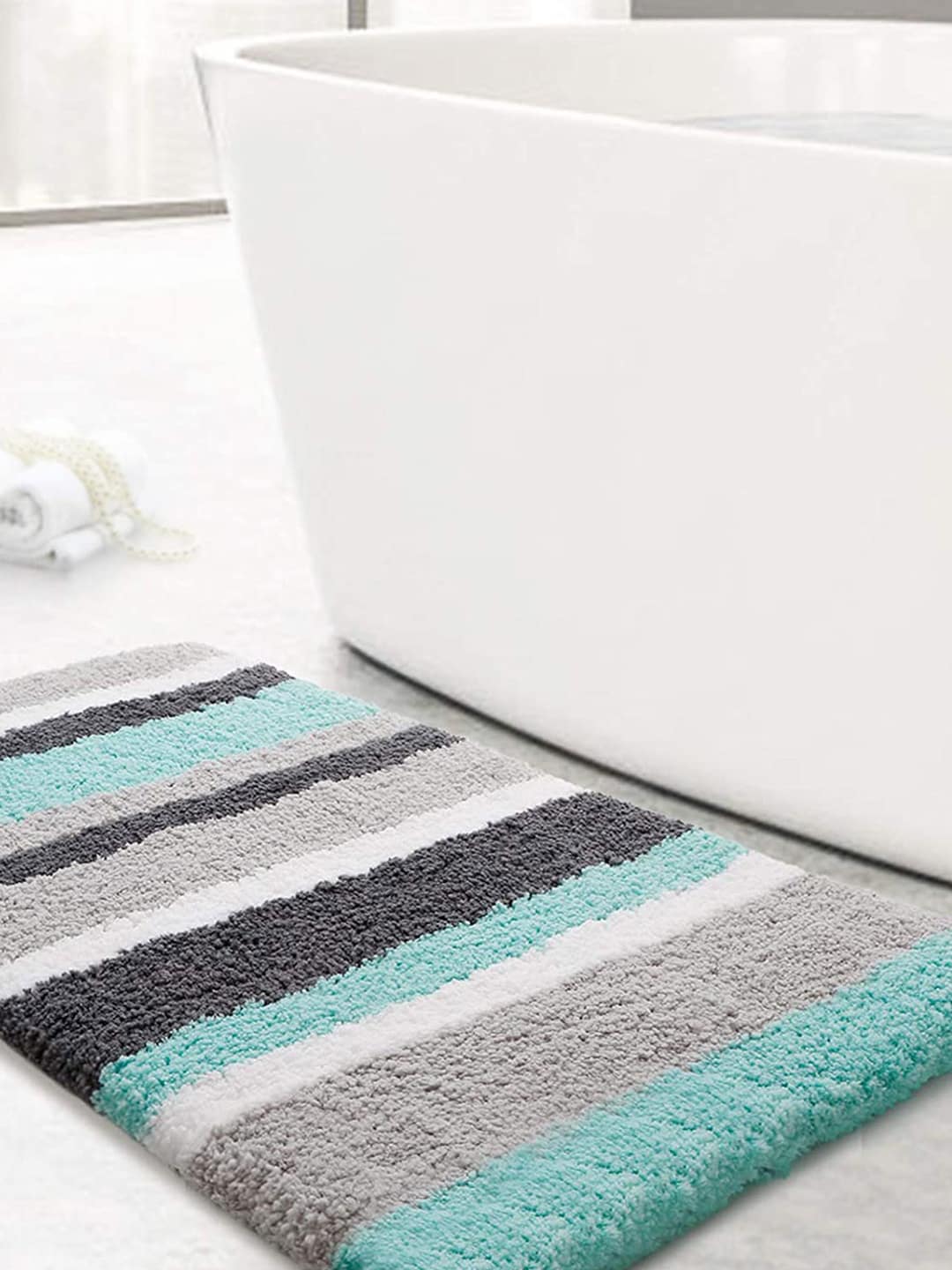 LUXEHOME INTERNATIONAL Turquoise Blue & Grey Striped 2400 GSM Bath Rugs Price in India