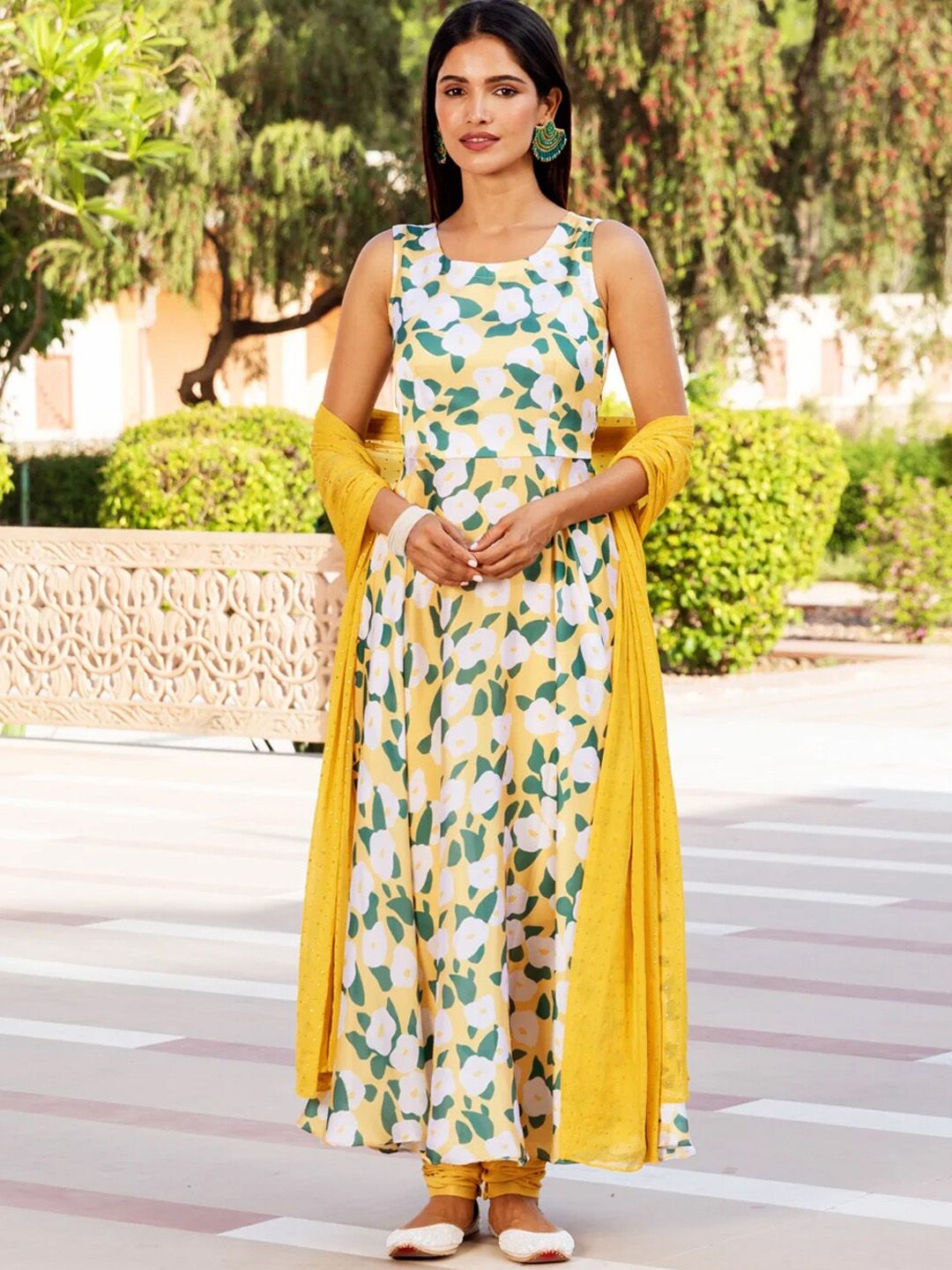 Ambraee Women Yellow Printed Kurti with Trousers & With Dupatta Price in India