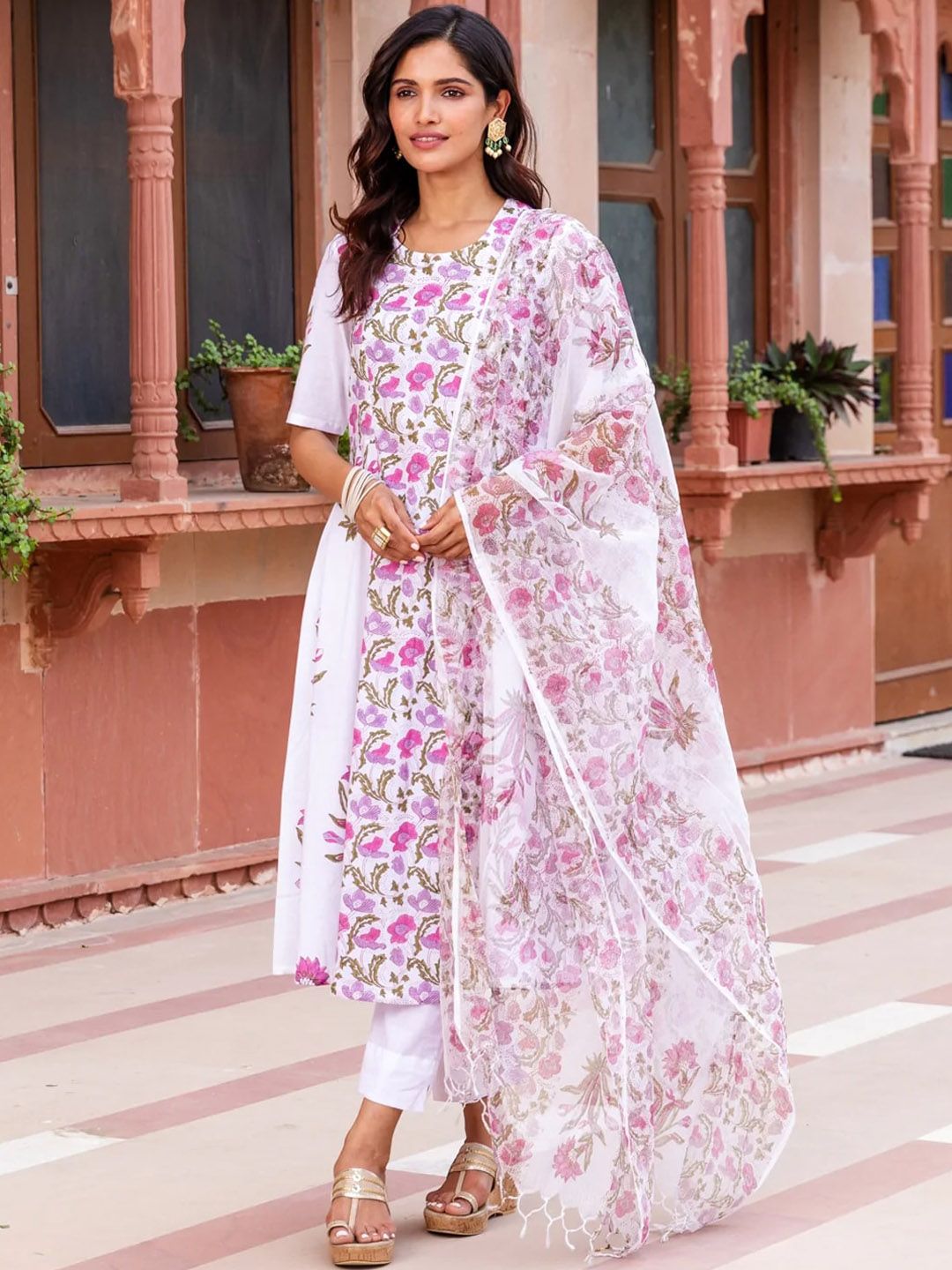 Ambraee Women White Printed Kurti with Trousers & With Dupatta Price in India