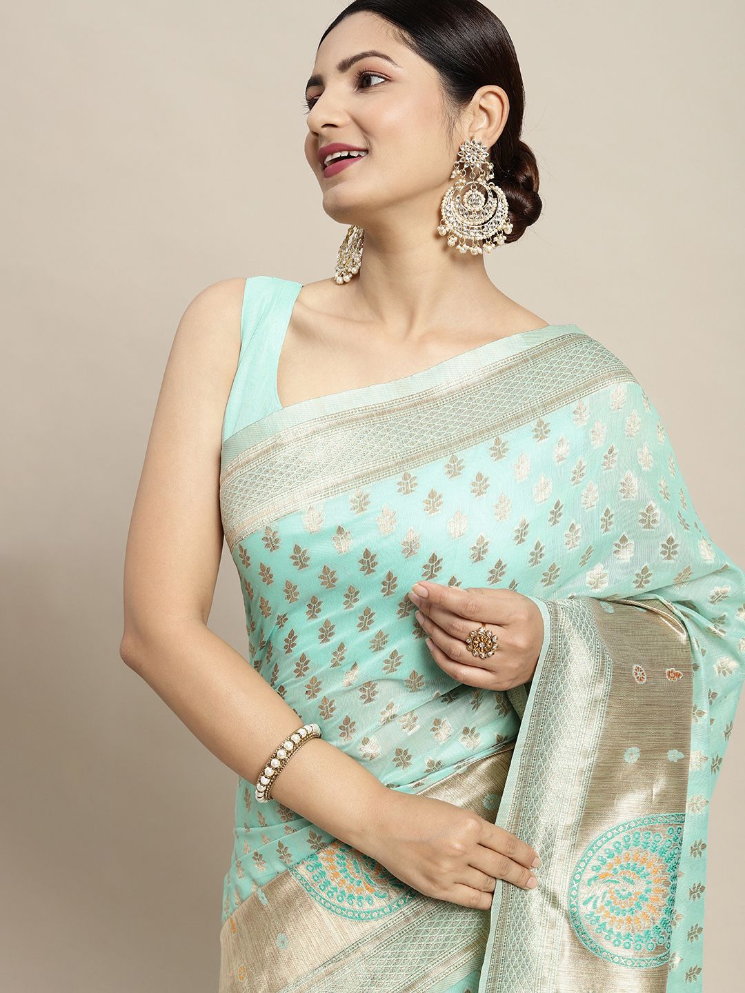 Saree mall Sea Green & Golden Silk Cotton Woven Design Banarasi Saree Price in India