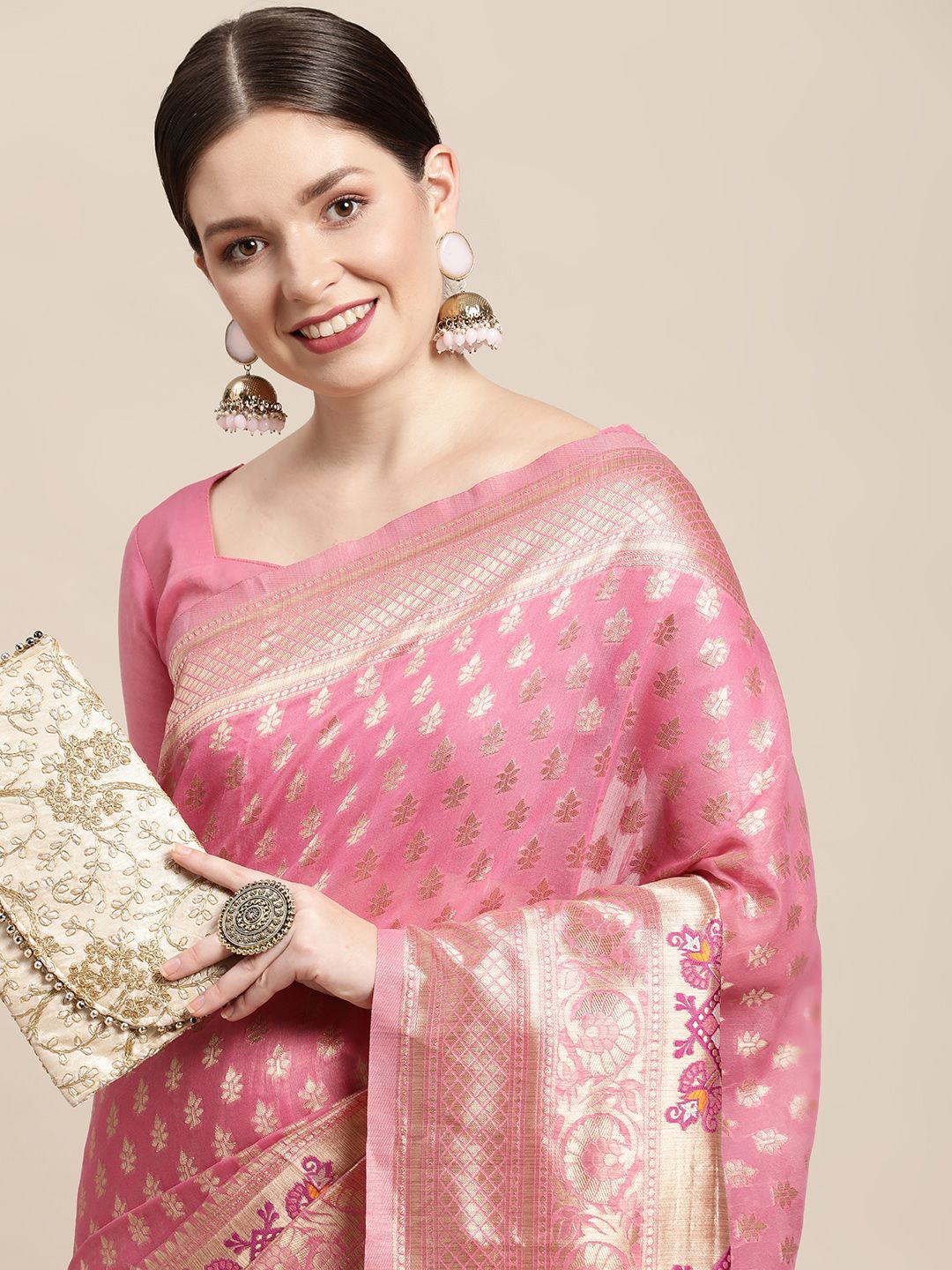 Saree mall Pink & Gold Floral Zari Silk Cotton Celebrity Banarasi Sarees Price in India