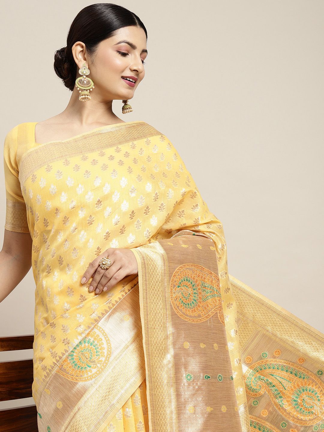 Saree mall Yellow & Golden Silk Cotton Woven Design Banarasi Saree Price in India