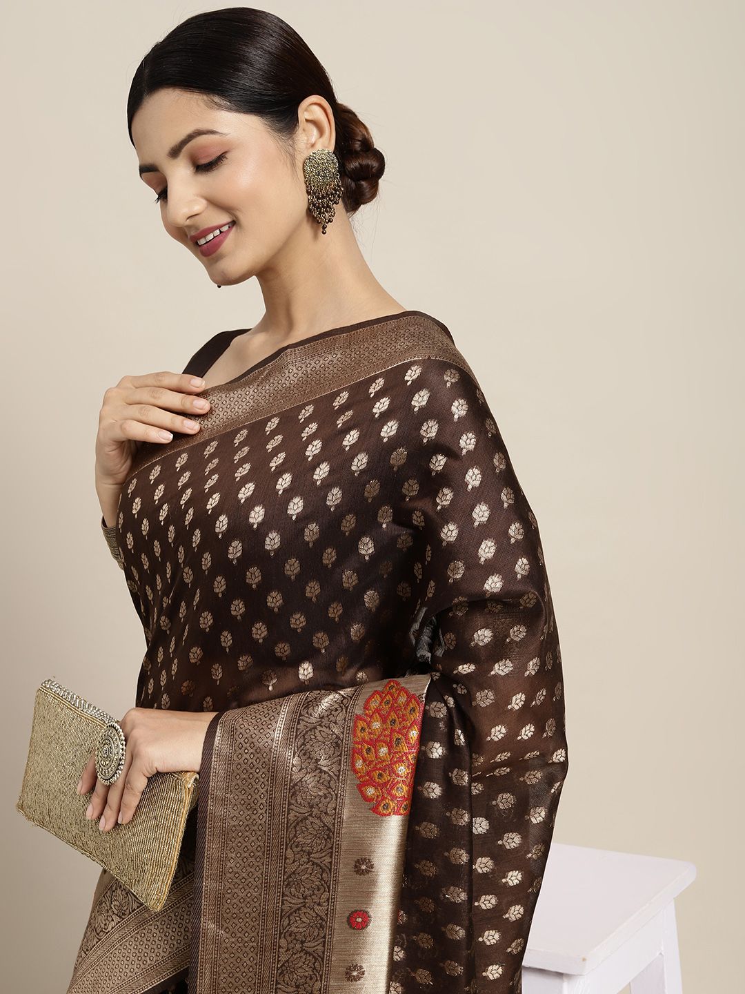 Saree mall Brown & Golden Cotton Silk Woven Design Banarasi Saree Price in India