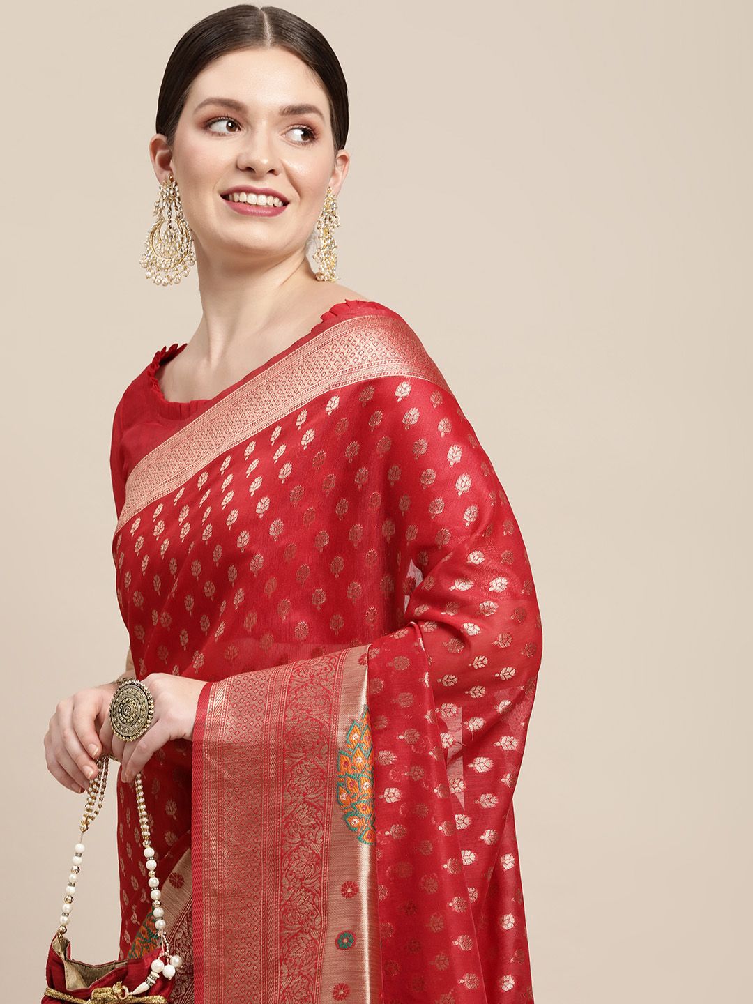 Saree mall Red & Gold Floral Zari Silk Cotton Celebrity Banarasi Sarees Price in India