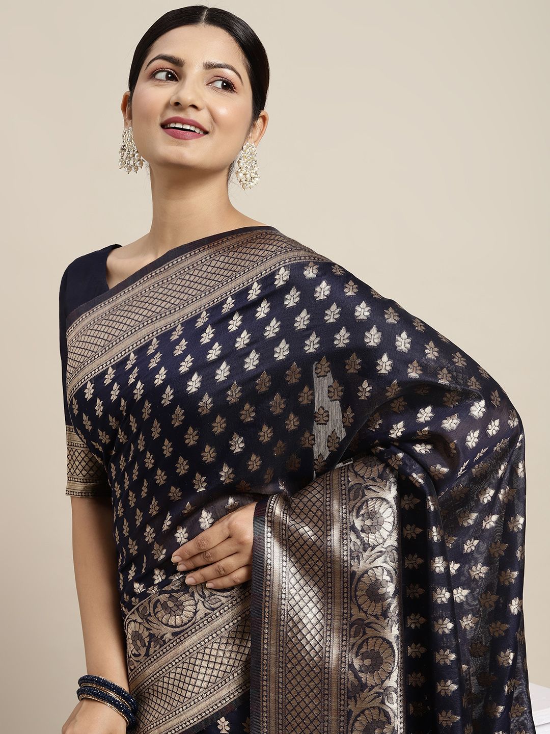 Saree mall Navy Blue & Golden Cotton Silk Woven Design Banarasi Saree Price in India