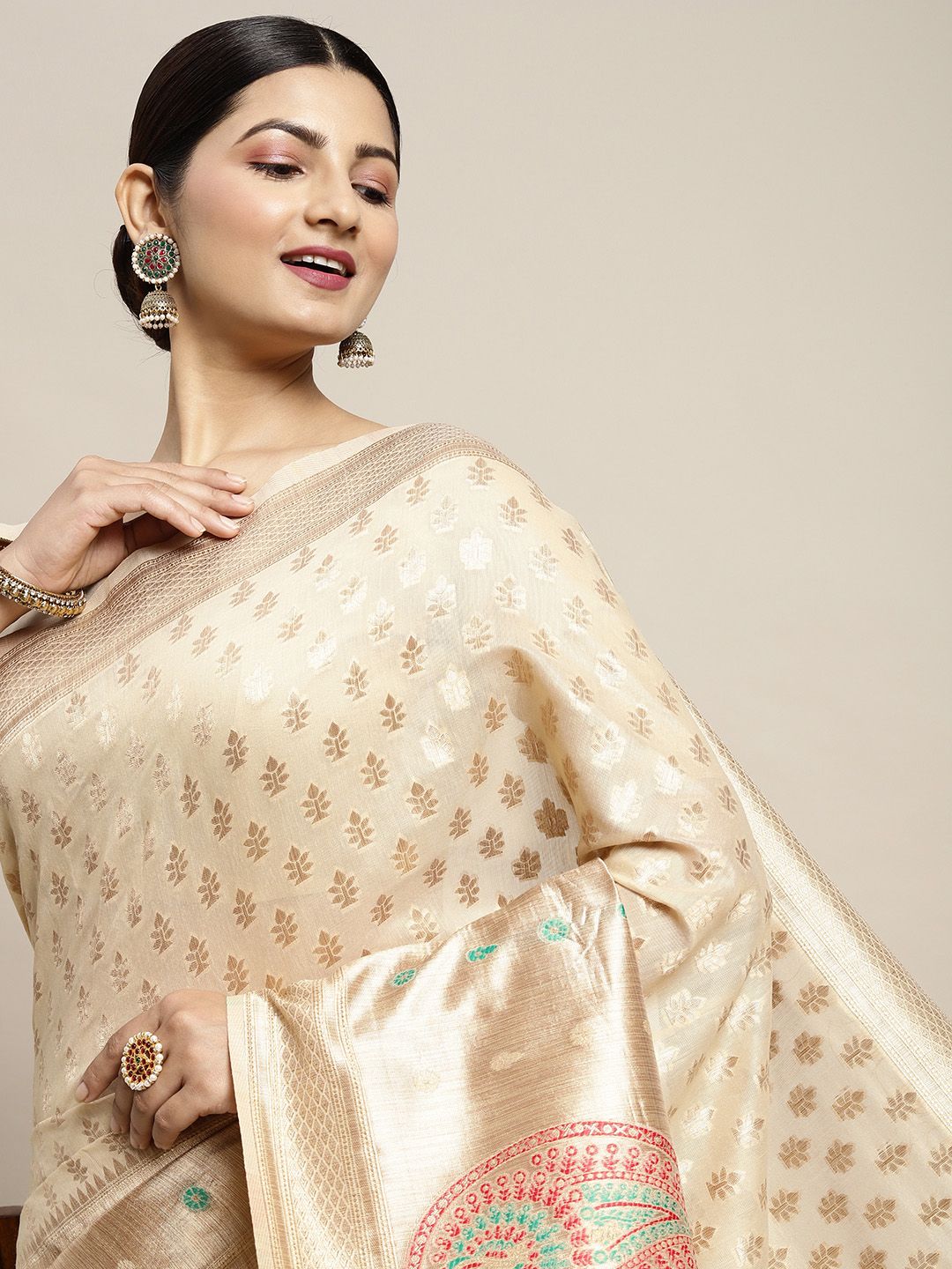 Saree mall Cream-Coloured & Golden Silk Cotton Woven Design Banarasi Saree Price in India