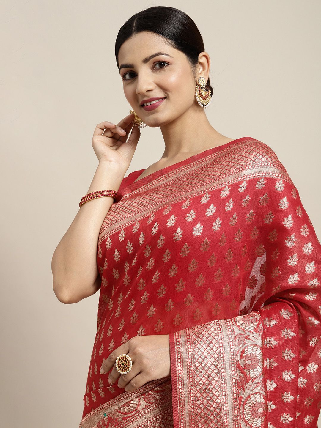 Saree mall Red & Golden Silk Cotton Woven Design Banarasi Saree Price in India