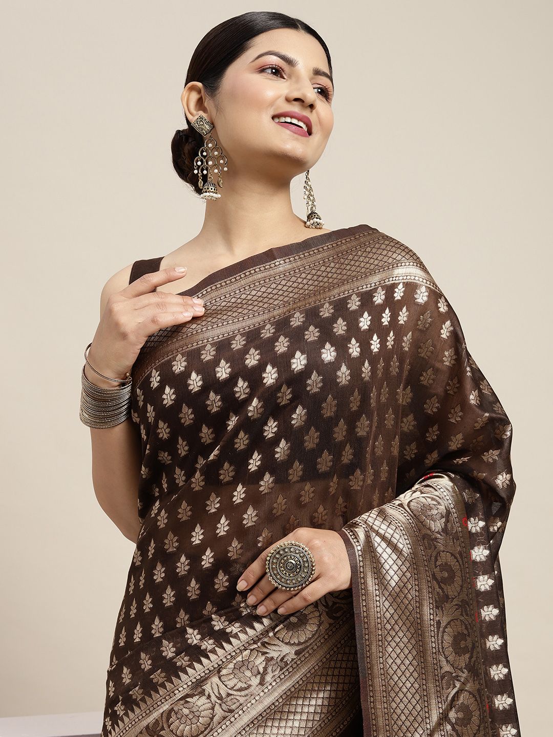 Saree mall Brown & Golden Silk Cotton Woven Design Banarasi Saree Price in India