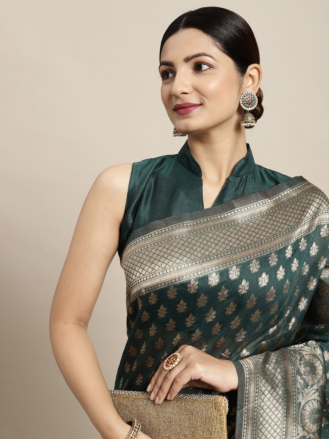 Saree mall Green & Golden Silk Cotton Woven Design Banarasi Saree Price in India