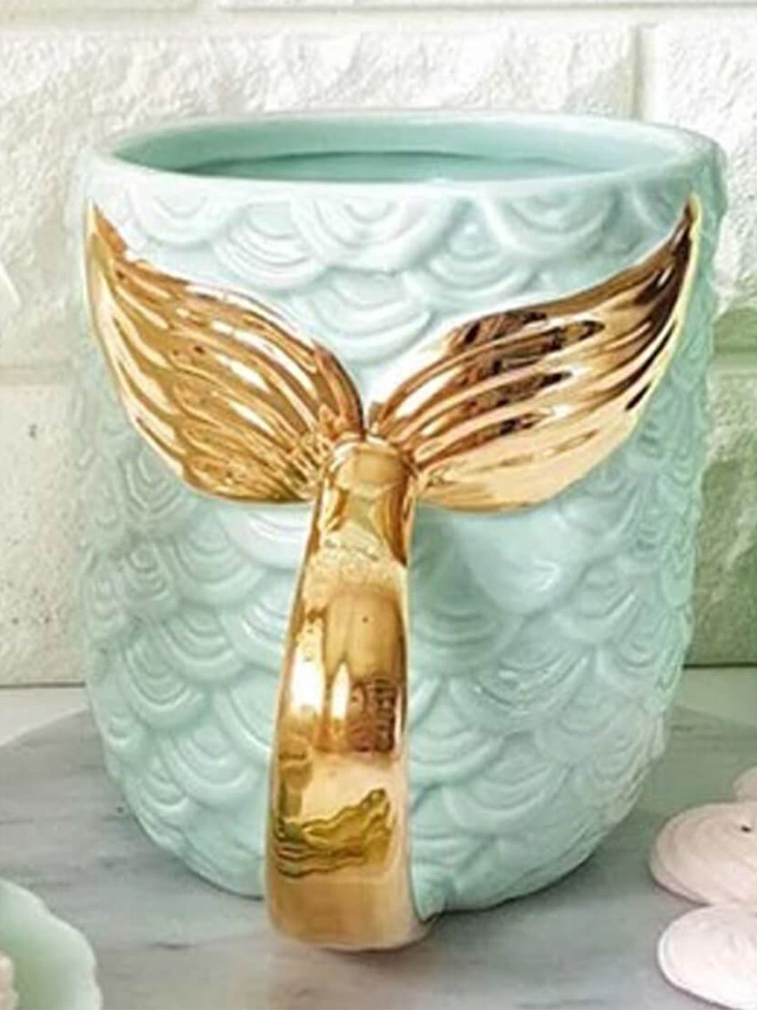 Awestuffs Blue & Gold-Toned Geometric Textured Ceramic Glossy Set of Cups and Mugs Price in India