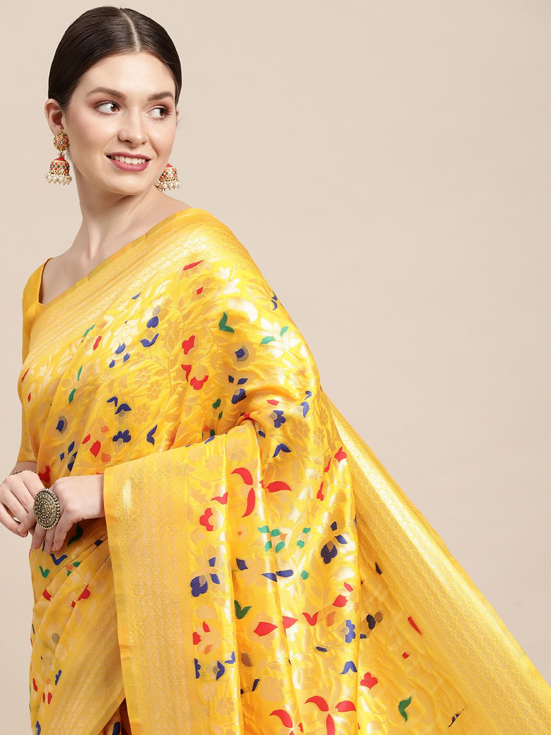 Saree mall Yellow & Gold Floral Zari Silk Blend Celebrity Banarasi Sarees Price in India