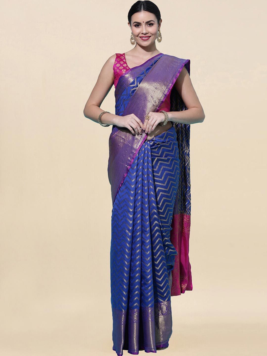 Satrani Blue & Gold-Toned Woven Design Zari Banarasi Saree Price in India