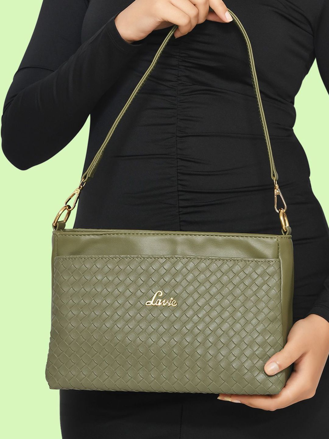 Lavie Olive Green Textured Bot Olivia Structured Sling Bag Price