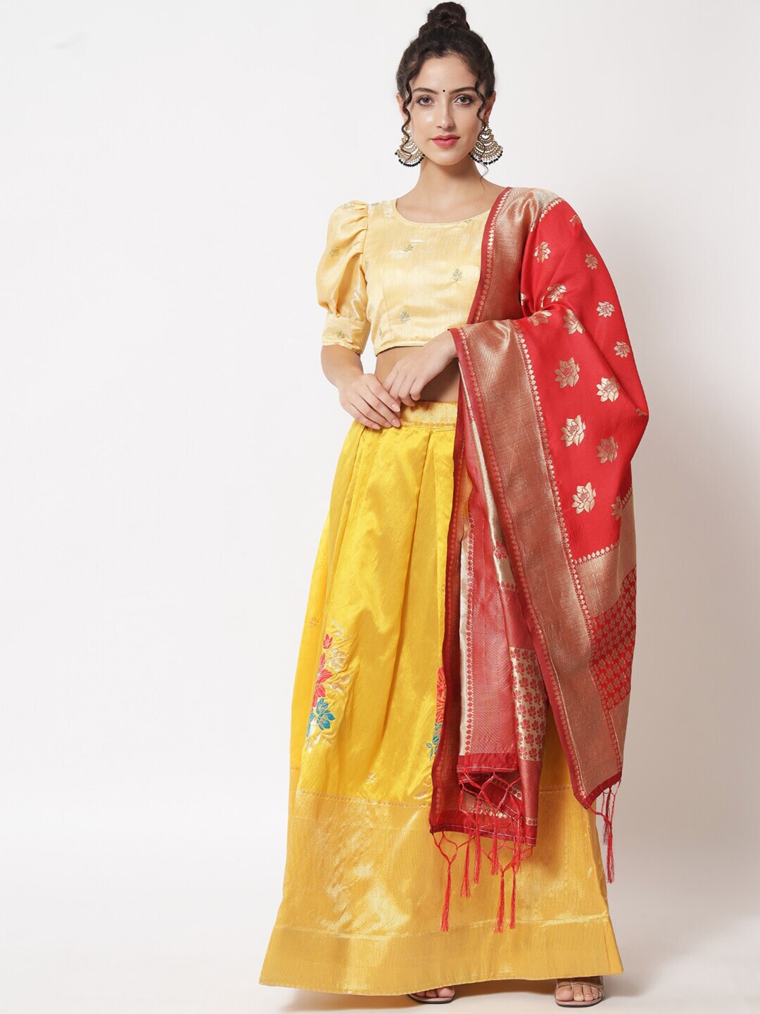 Fabcartz Yellow & Red Embroidered Ready to Wear Lehenga & Unstitched Blouse With Dupatta Price in India