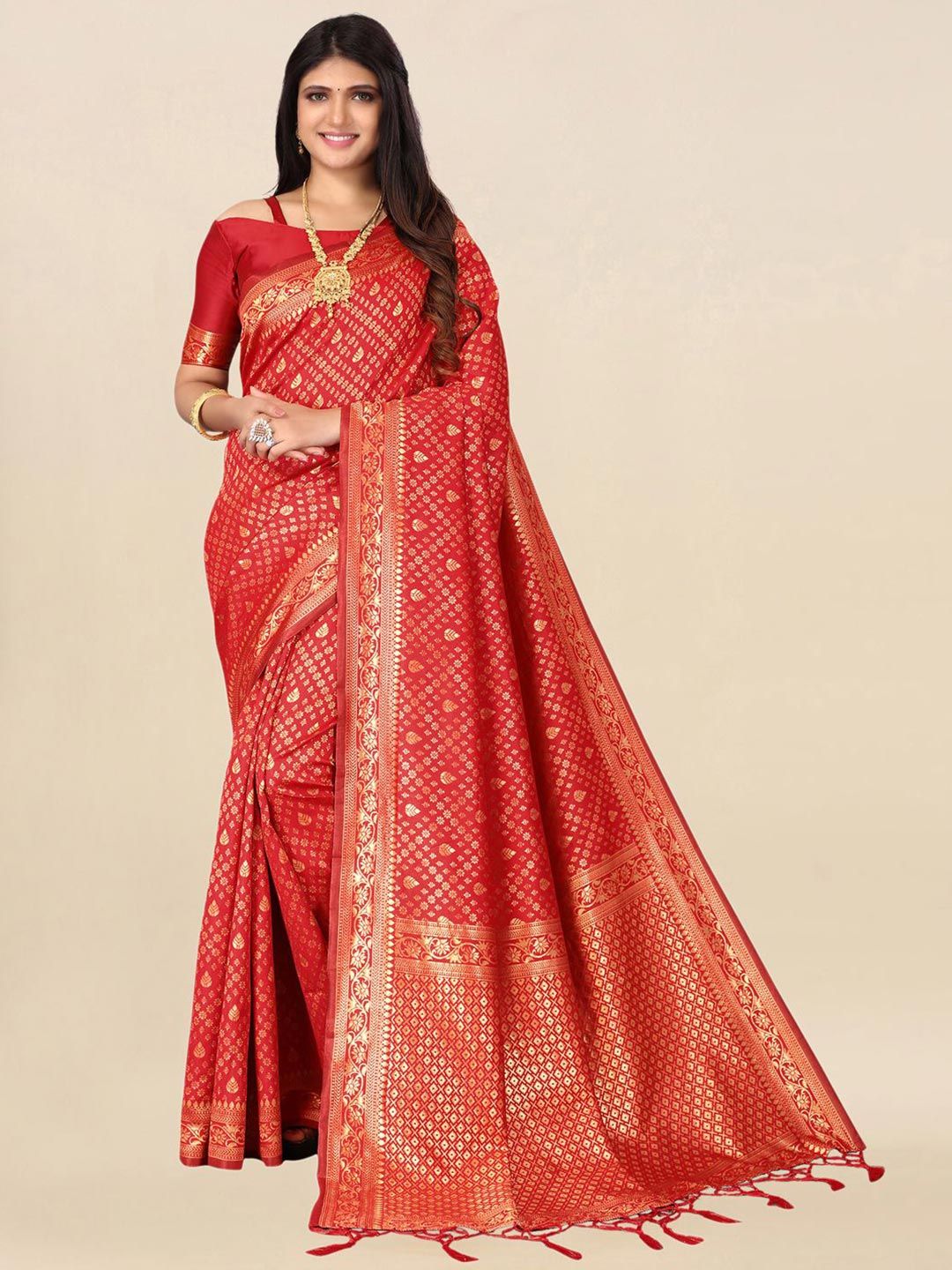 Satrani Red & Gold-Toned Woven Design Zari Saree Price in India