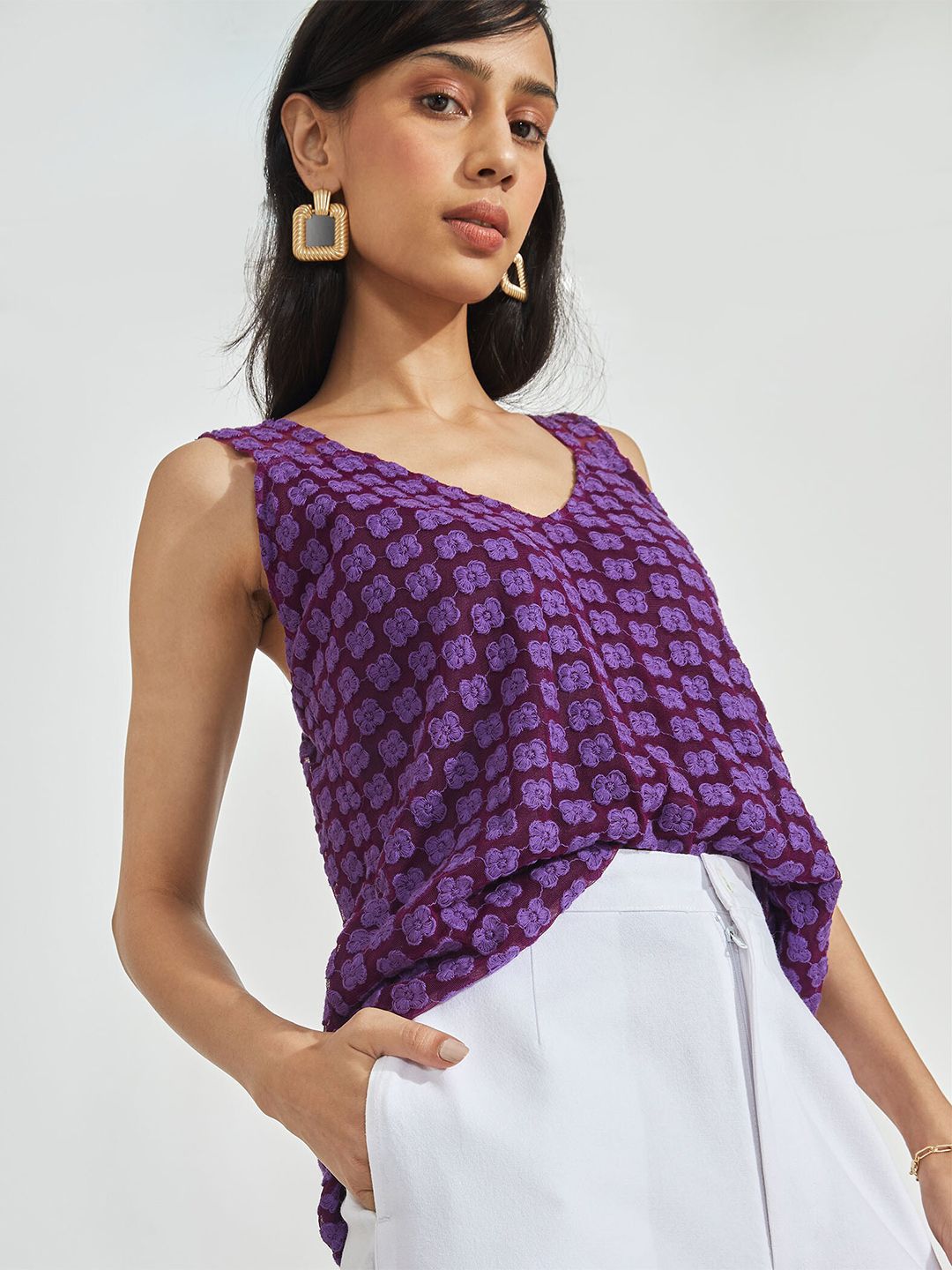 The Label Life Purple Floral Embroidered Cami Top Price in India