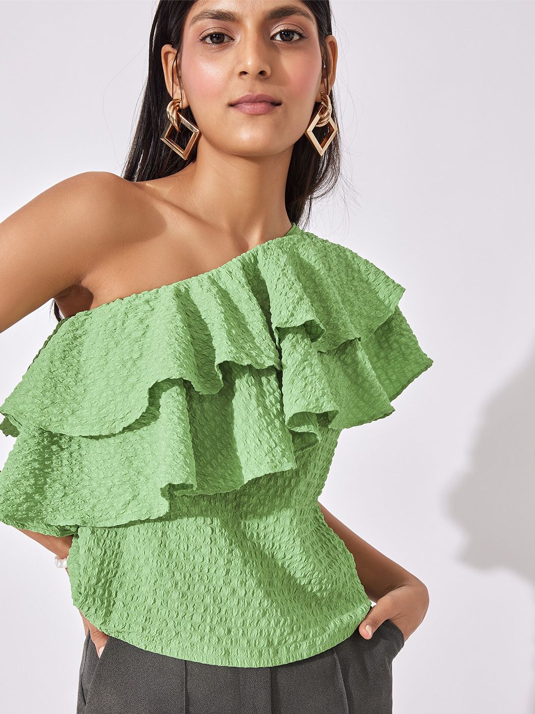 The Label Life Green Leaf Ruffled One Shoulder Top Price in India