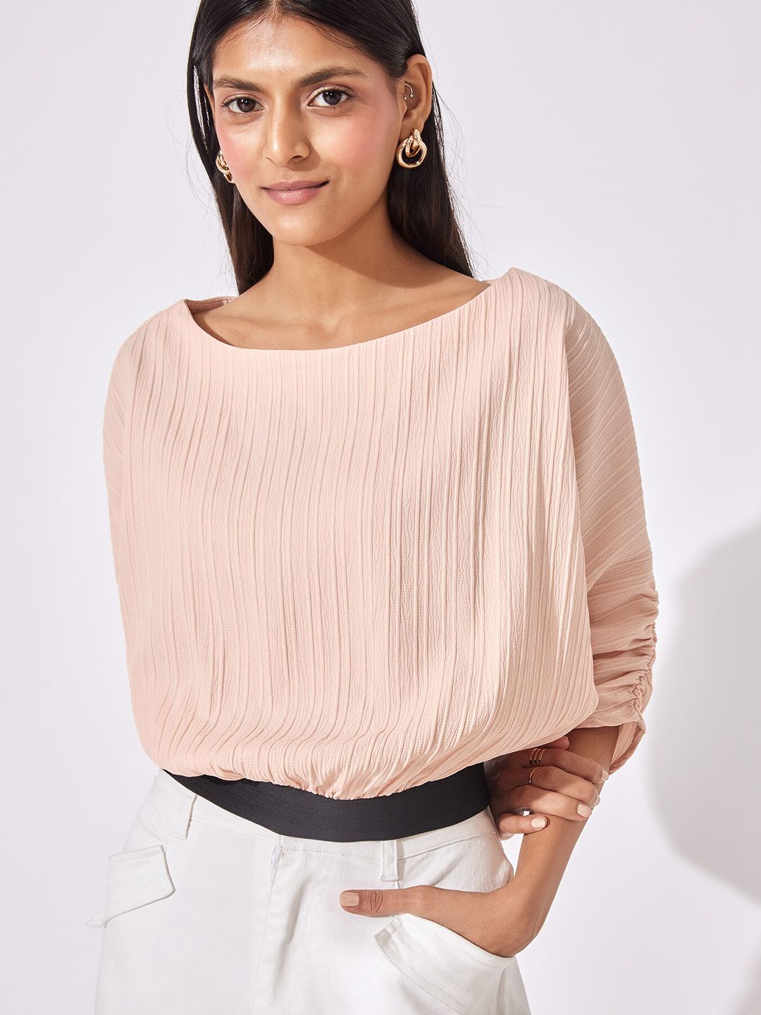 The Label Life Pink Boat Neck Crepe Blouson Top Price in India