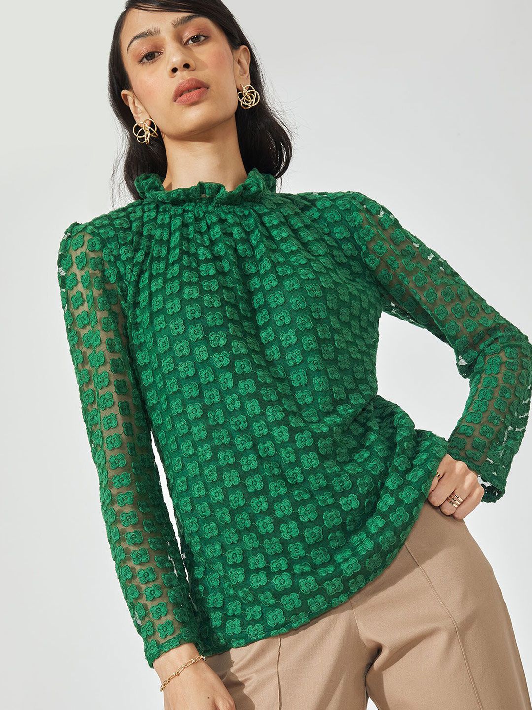 The Label Life Green Floral Embroidered Ruffle Neck Top Price in India