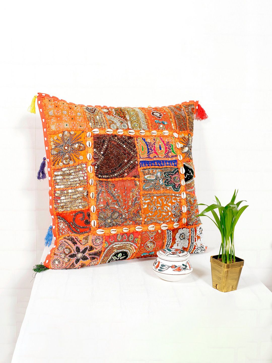 HANDICRAFT PALACE Orange & Brown Embroidered Cotton Square Cushion Covers Price in India