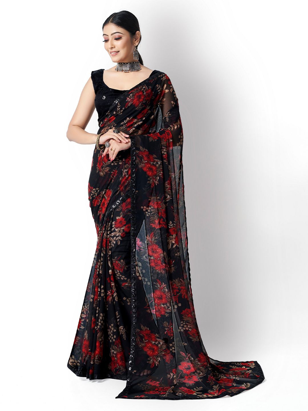 ASPORA Black & Pink Floral Pure Georgette Saree Price in India