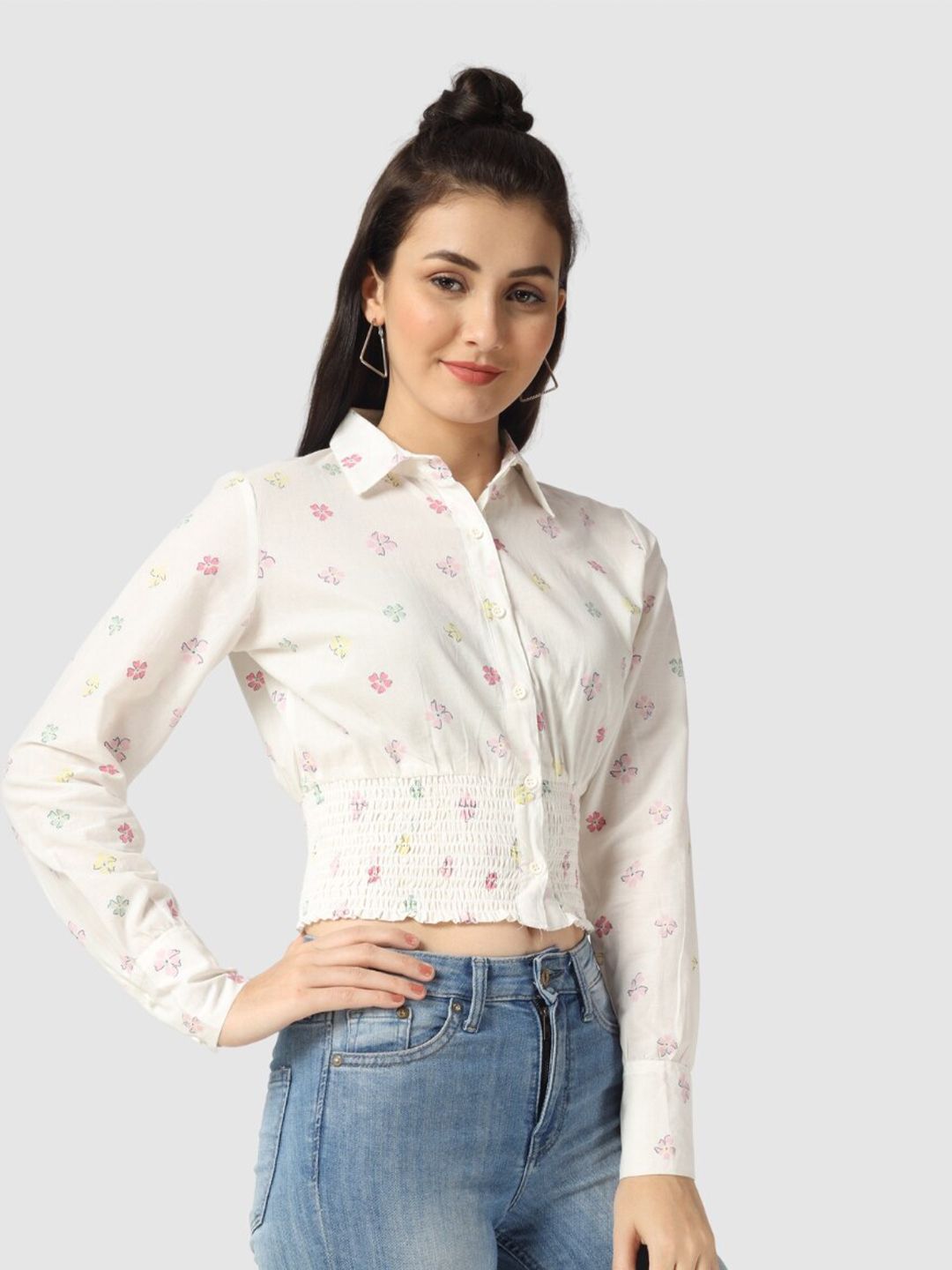 The Label Bar White Floral Print Shirt Style Crop Top Price in India