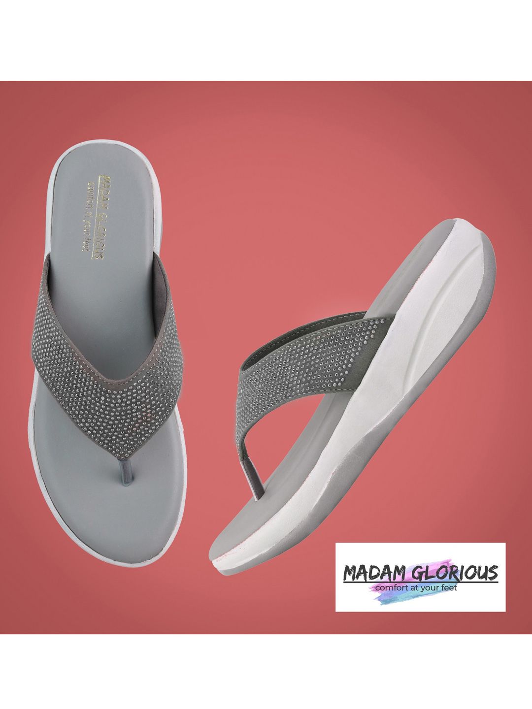 madam glorious Women Grey Embellished Slip on Comfort Sandal Heels Price in India