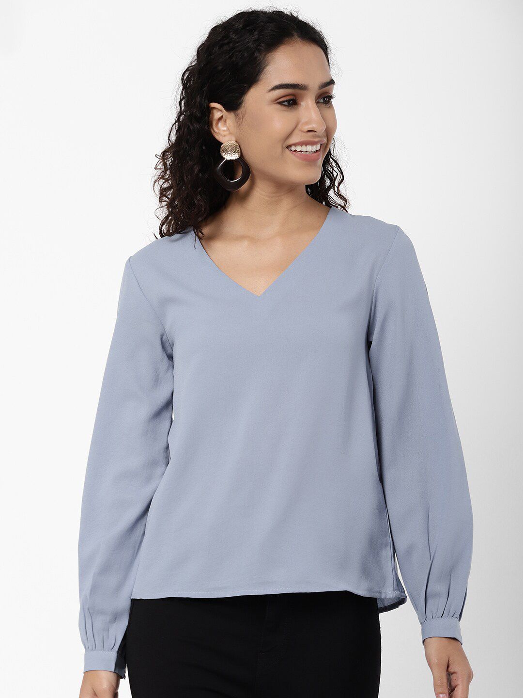 R&B Women Blue Solid Cuffed Sleeves Top
