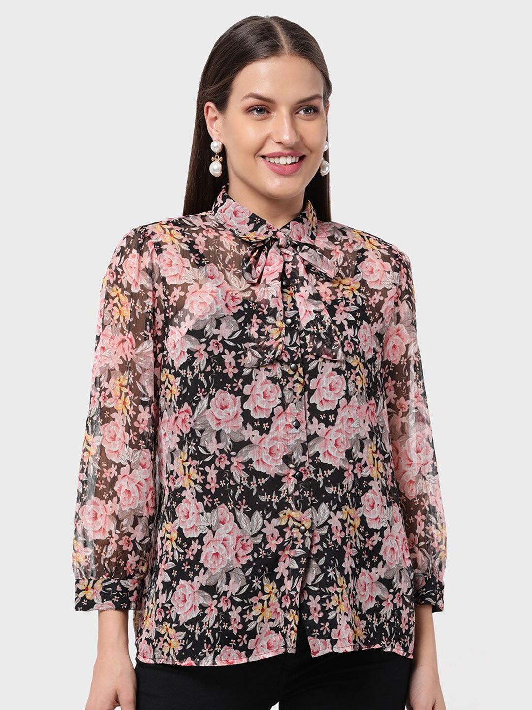 R&B Black women Floral Print Tie-Up Neck Top Price in India