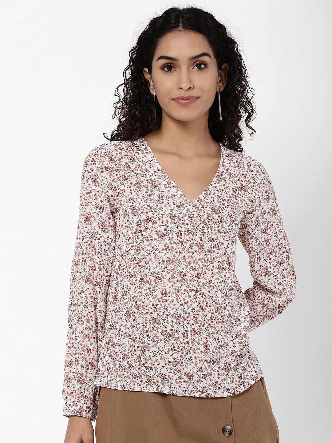 R&B White & Brown Floral Print Top