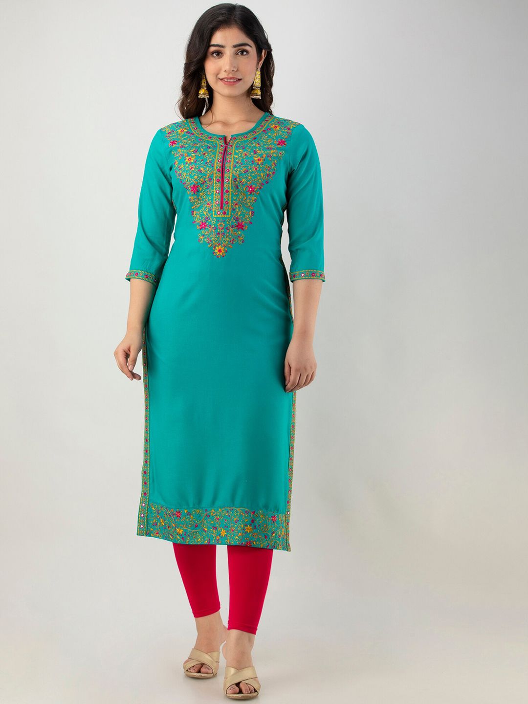 FASHION DEPTH Women Blue Floral Yoke Design Thread Work Kurta Price in India