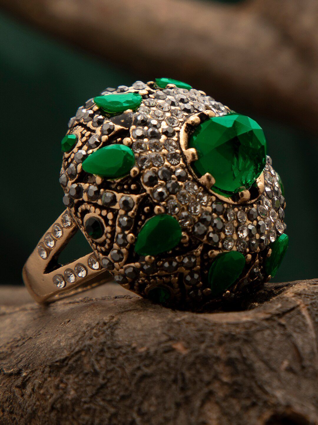 SOHI Women Gold-Plated Green & White Stone Studded Finger Ring Price in India